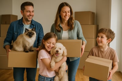 Family with moving boxes and their pets