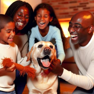 Labrador retriever being pet by his family