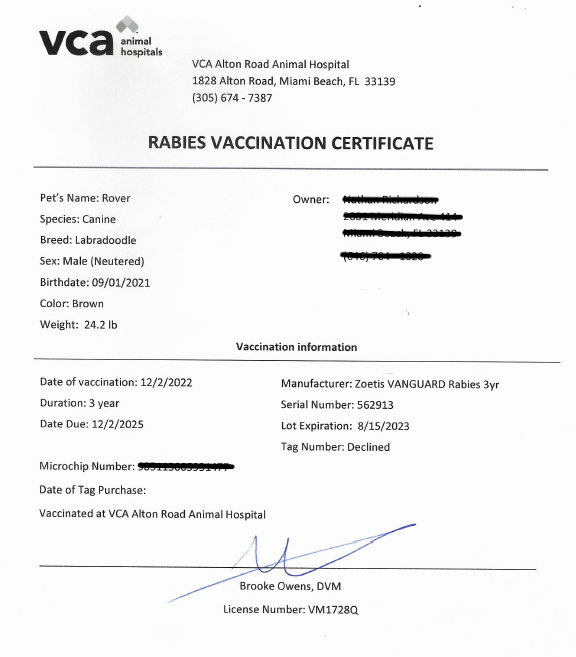 Acceptable Rabies Cert