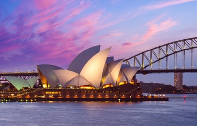 Sydney Opera House in Australia with a pink sky
