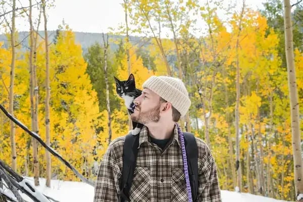 cat on mans shoulder