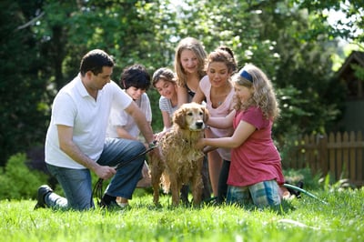 family giving dog a bath outside