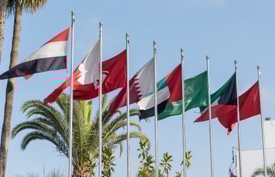 Flags lined in a row from Middle Eastern countries.