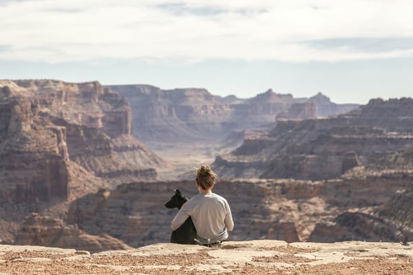 Woman and her dog overlooking a canyon.