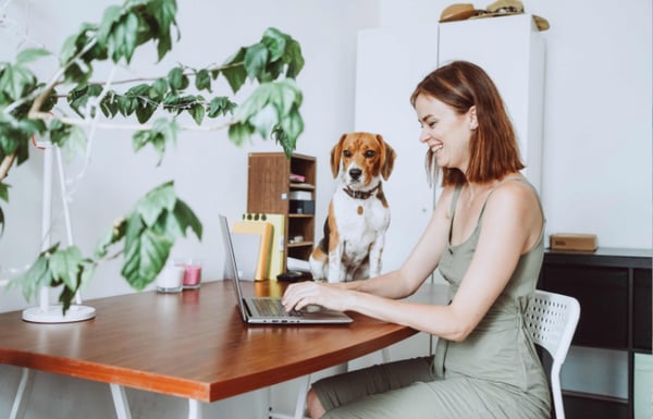 Woman and her dog working on a laptop.