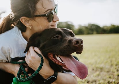 woman hugging chocolate lab